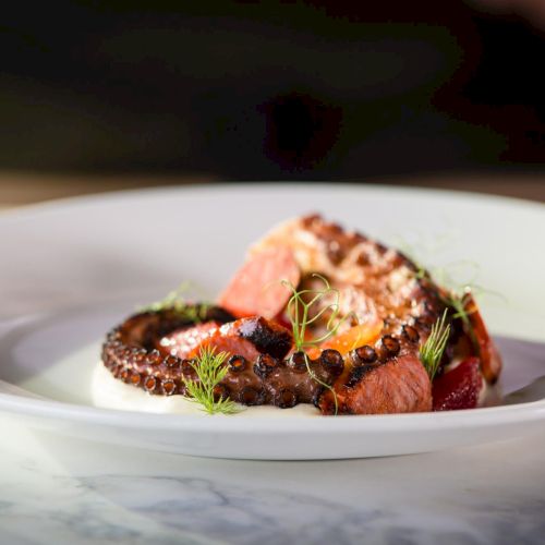 A plated gourmet dish with a small portion of colorful, finely arranged food on a white plate, garnished neatly.