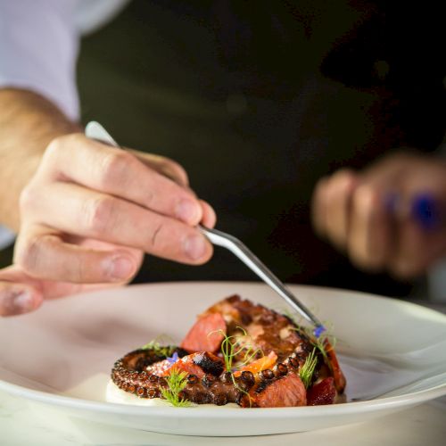 A chef carefully decorates a plated dish with precision, adding sauce or garnish to a small, colorful centerpiece.